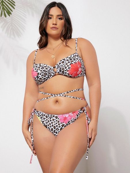 

plus floral & leopard print tie side bikini swimsuit d8g4#, Black