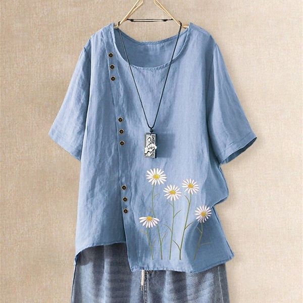 

women's plus size blouse shirt floral daisy asymmetric button half sleeve crewneck basic daily weekend cotton fall summer blue white /, Black