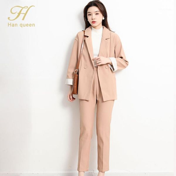 

h han queen office lady autumn women pant suit notched blazer jacket & pant 2020 new business casual women suits female sets1, White