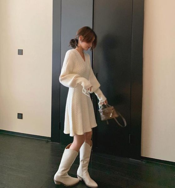 

winter 2020 new style first love wind early snow knitted v-neck long sleeve bottom dress with women's wear, Black;gray