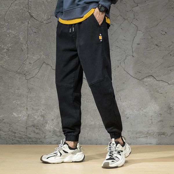

japanese style fashion men jeans loose fit casual cargo pants spliced designer streetwear hip hop joggers wide leg trousers, Blue