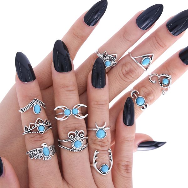 

european and american ornaments turquoise crown exaggerated hand decoration moon personality owl 11 piece set joint ring, Golden;silver