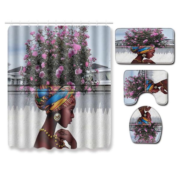 

african american women theme bathroom set with durable waterproof shower curtain and non-slip rugs toilet lid cover and bath mat