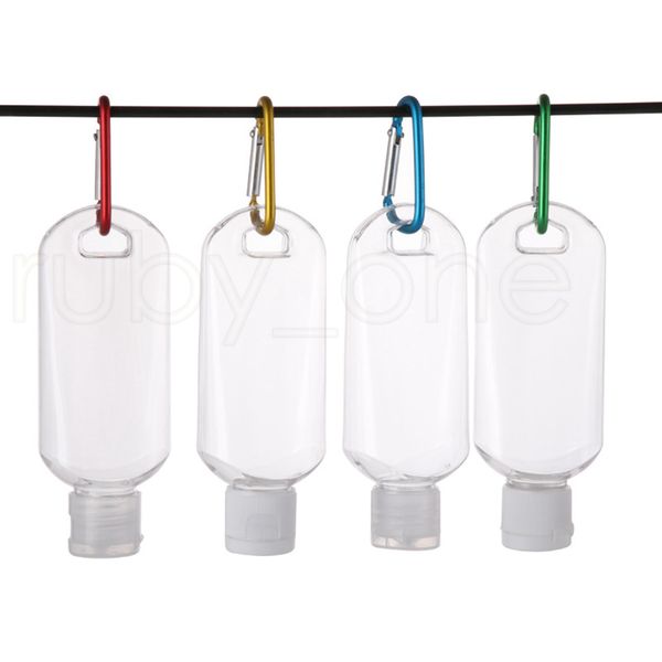 

50ml empty alcohol refillable bottle with key ring hook clear transparent plastic hand sanitizer bottle for travel packing bottles rra3835
