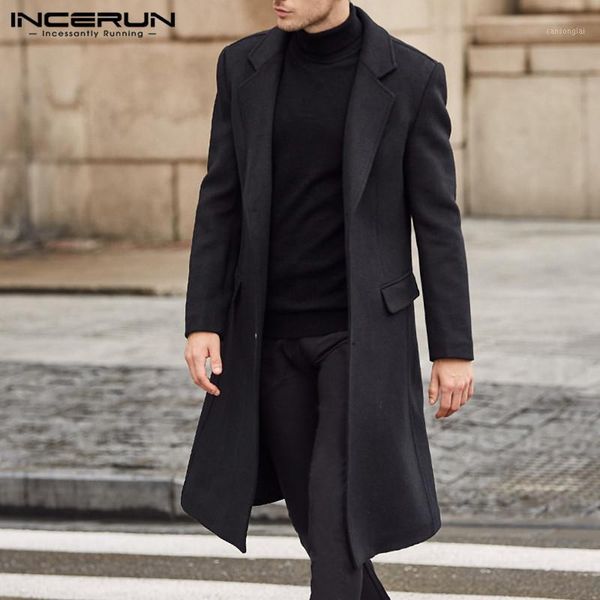 

incerun winter fashion men coats wool jackets plain long sleeve warm faux fleece trench coats men long overcoat streetwear 20201, Tan;black