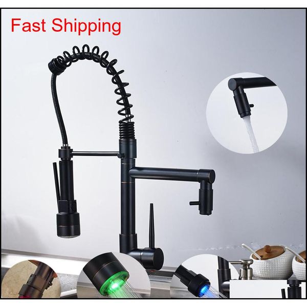 

led spring oil rubbed bronze kitchen faucet swivel double spouts single hole sink deck mount mixer tap 3il7r