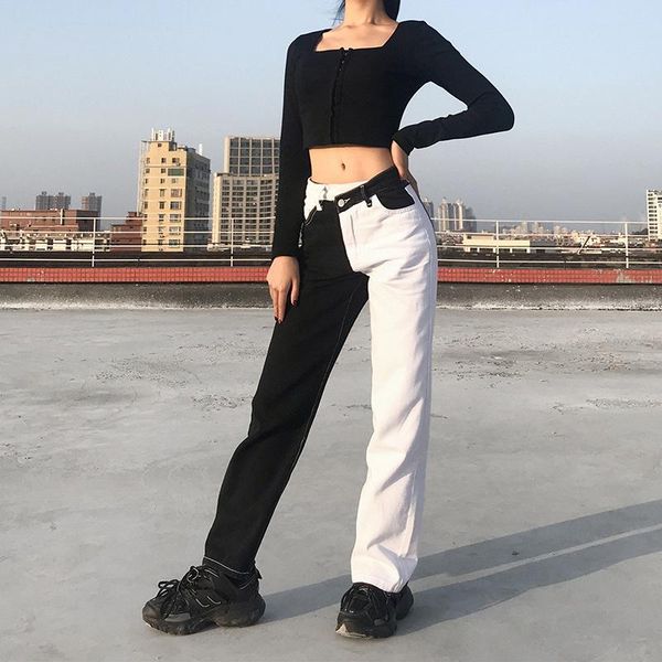 

black white two color patchwork pants women spring fashion slim high waist baggy jeans women 90s casual loose straight leg jeans, Blue
