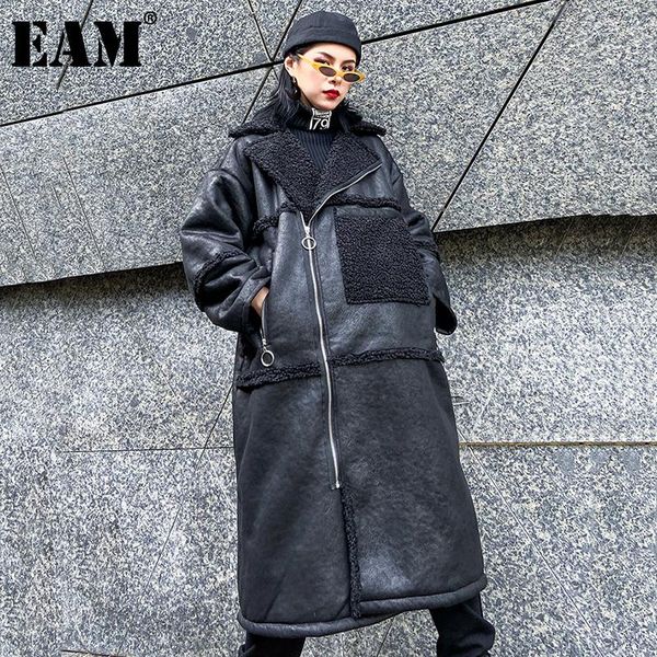 

women's wool & blends [eam] loose fit black big size pu leather warm woolen coat parkas long sleeve women fashion tide autumn winter 20