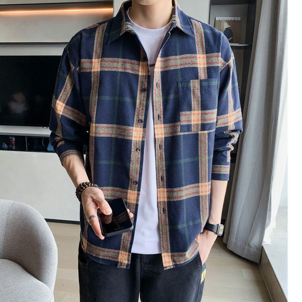 

2021 brand spring autumn long sleeves new flannel collar korea style shirt for men's plaid harajuku clothing te3b, White;black