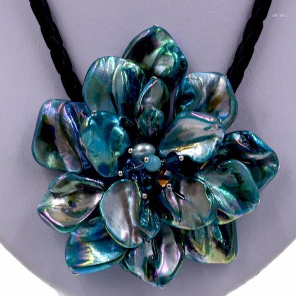 

chokers baroque blue shell flower & pearl pendant black rope 18'' necklace 11 color u pick1, Golden;silver