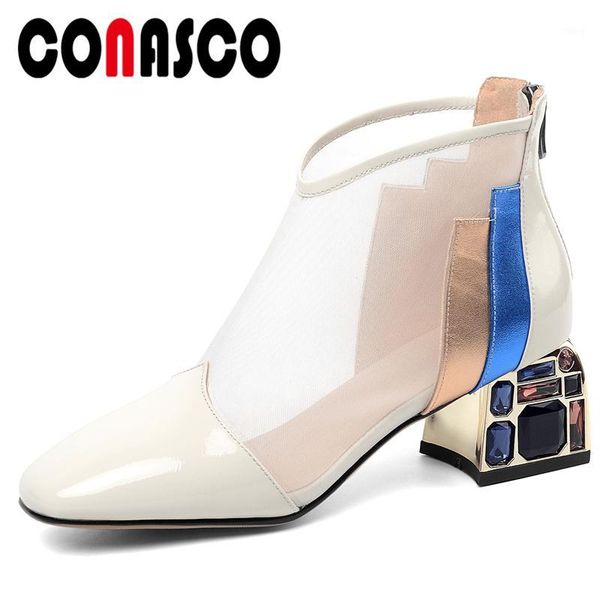 

boots conasco concise euro style women cow patent leather summer ankle mesh crystal thick high heels back zipper woman1, Black