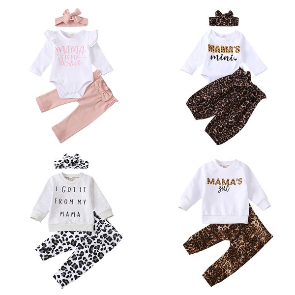 

детские девочки письмо устанавливает младенец с длинным рукавом ruffler rompers mama girls onesies bow leopard брюки малыша младенца свитер, White