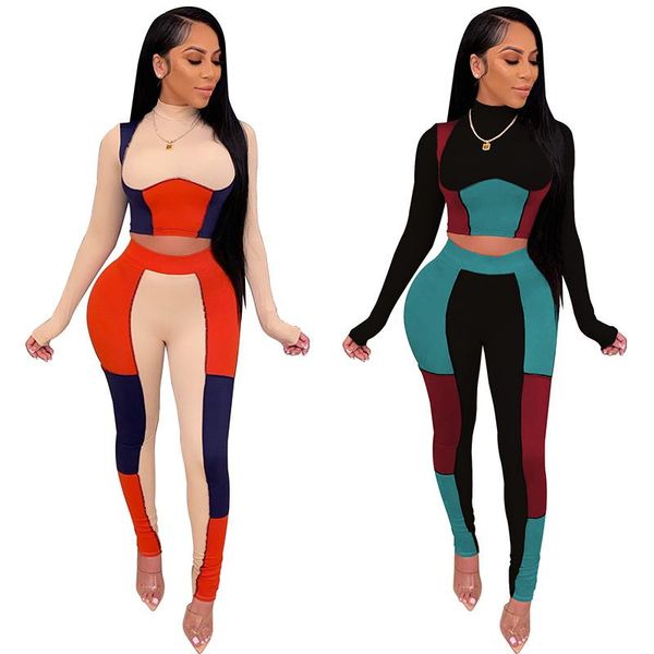 

yunbbz patchwork two piece tracksuit set long sleeve crop slim sweatpants fashion streetwear outfits club matching sets, Gray