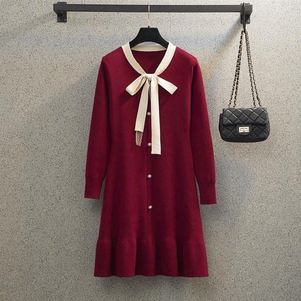 

coigarsam 4xl plus size knitting women dress bow dresses red black 6309, Black;gray