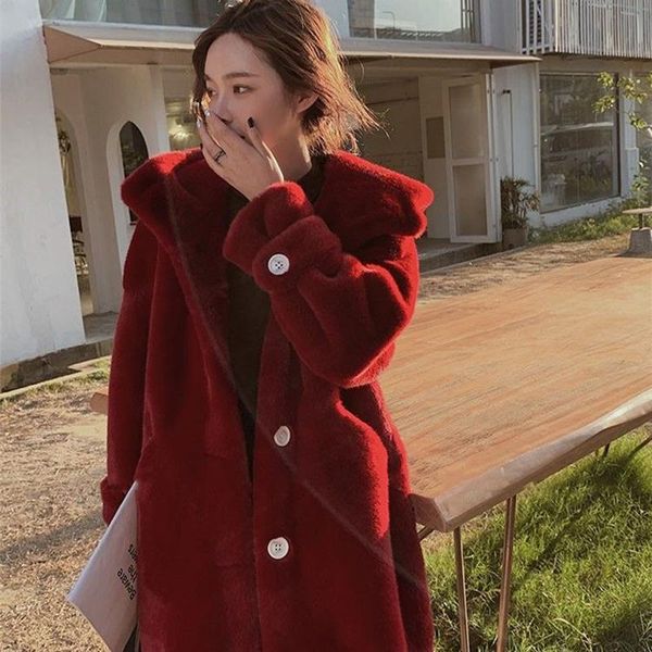 

2021 new winter women faux fur coat loose long fur coat large size hooded overcoat thick warm female plush coats, Black
