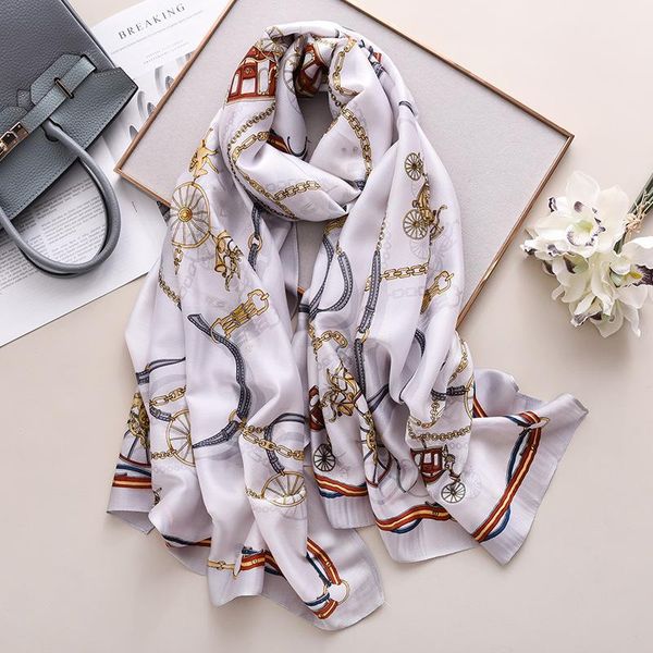 

autumn winter silk scarf women pashmina neck hijab bandana scarves chain carriage print 2020 luxury foulard bandana stole wmttjb, Blue;gray