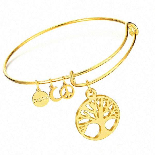 

trendy simple tree of life bracelet for woman stainless steel faith moon peace bangle trendy jewelry mother's day gift gs9w#, White