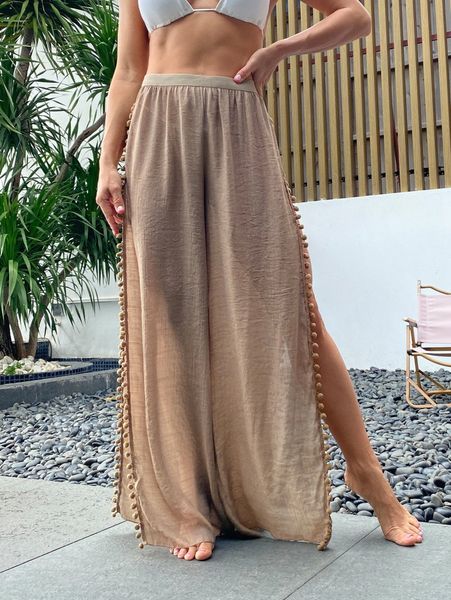 

pom-pom detail cover up pants 092u#, White;black