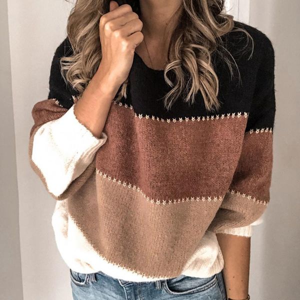 

fashion striped patchwork color sweaters female autumn winter warm long sleeve knitted pullovers casual loose o-neck jumper, White;black