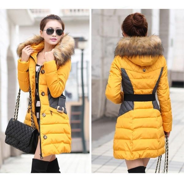 

fashion winter clothing fur hooded zipper long style women warm coat patchwork winter long sleeve slim parkas coat1, Black