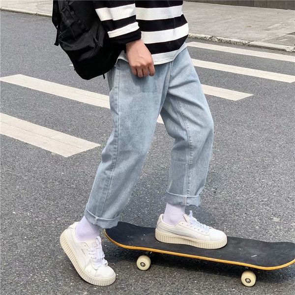 

light color korean fashion casual jeans men's loose and versatile straight pants, Blue