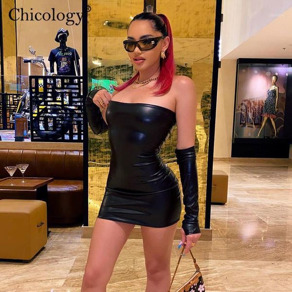 

chicology pu leather tube club mini dress glove party bodycon outfits women y2k fashion clothes winter fall lady streetwear1, Black;gray