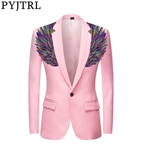 

pyjtrl mens gold colorful sequins wings pink suit jacket wear slim fit blazer styles stage costumes for singers y201026, White;black