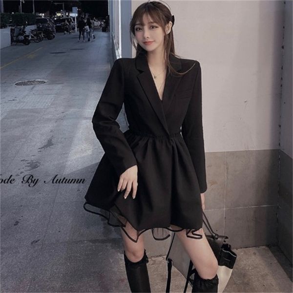 

2021 new black blazer women long sleeve autumn mini elegant party female high waist korean club dress office lady 10vu, Black;gray