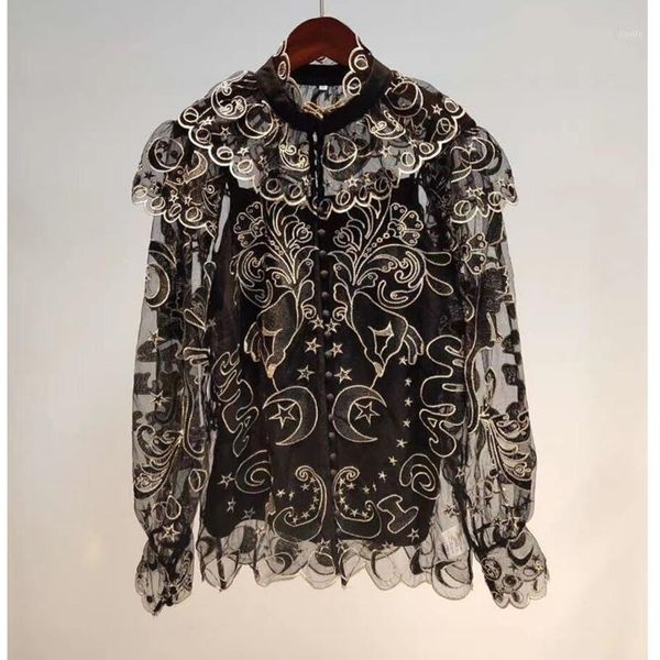 

2020 autumn fashion women clothes turtleneck lantern sleeves lace hollow out fashion shirt blouse c3631, White