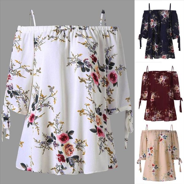 

womens plus size floral print cold shoulder blouse casual fashion flower print shoulder jacket 2020 new, White