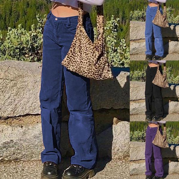 

autumn winter vintage women fashion solid color low rise pockets long corduroy straight pants trousers warm clothes for female1, Black;white