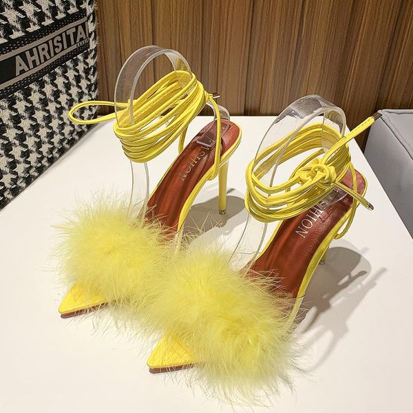 

summer woman fine with pumps pvc transparent feather perspex crystal high heels fur peep toe mules sandals ladies bandage shoes, Black
