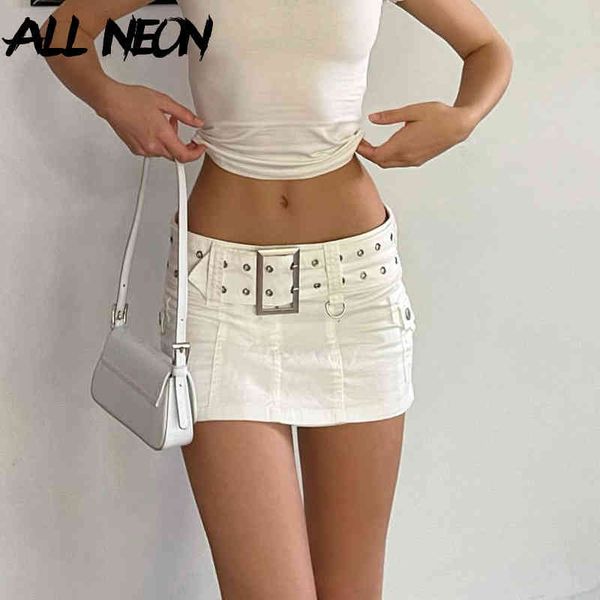 

allneon y2k aesthetics basic belted low waist micro skirts 2000s fashion pockets white denim skirt cute bottoms clubwear, Black