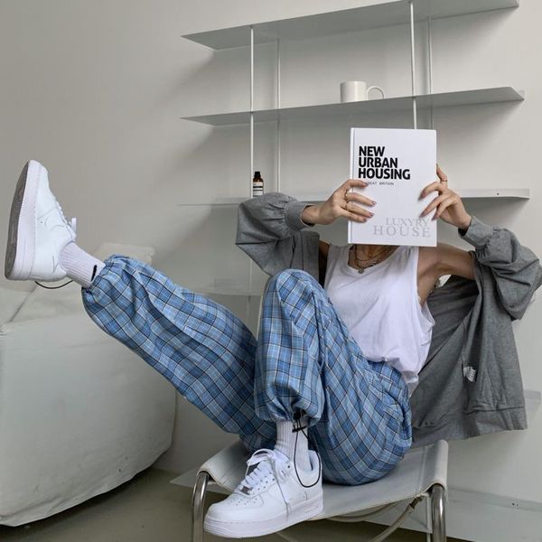 

мода грин checkered harajuku брюки женщины прямые брюки высокая талия дюйд брюки осень месpgy pantalones нижние, Black;white