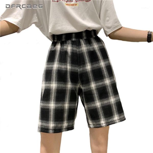

loose print plaid summer shorts women 2020 elastic high waist casual black knee lengh short trousers female1, White;black