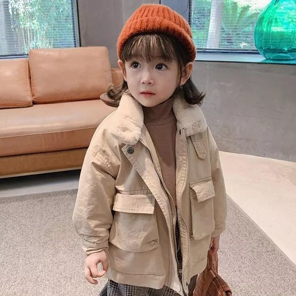 

korean style winter girls warm soft fleece lining loose jackets 2020 new children fur collar thick windproof coat toddler kids, Blue;gray