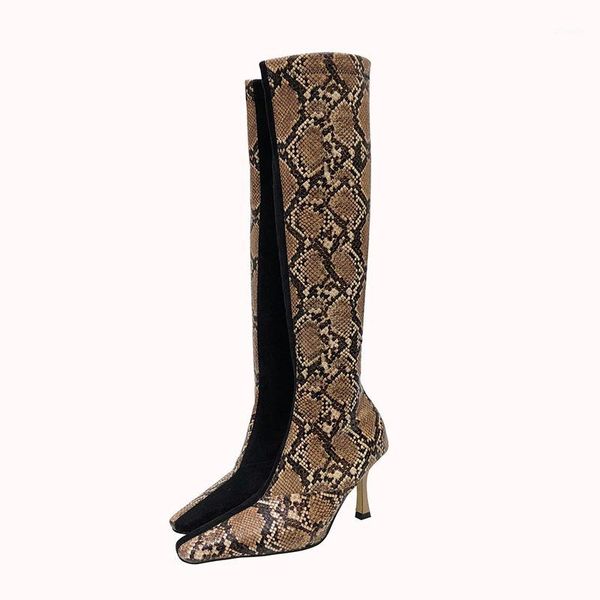 

2020new rubber bottom pu fine with snake pattern stitching square head fashion stretch boots high heel high boots women's1, Black