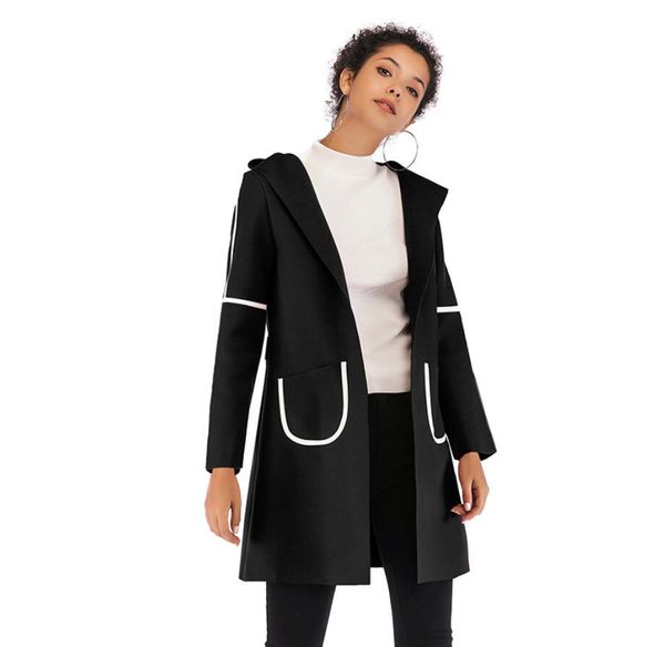 

women blends winter double pocket long hooded coat women warm woolen coat long sleeve outerwear coat, Black