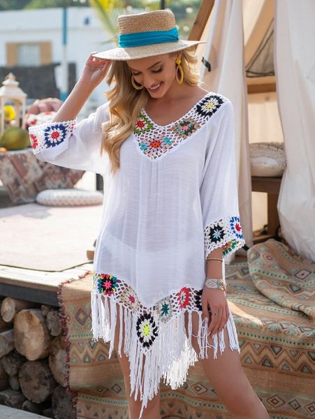 

hollow cut-out macrame hem cover up e4th#, White;black