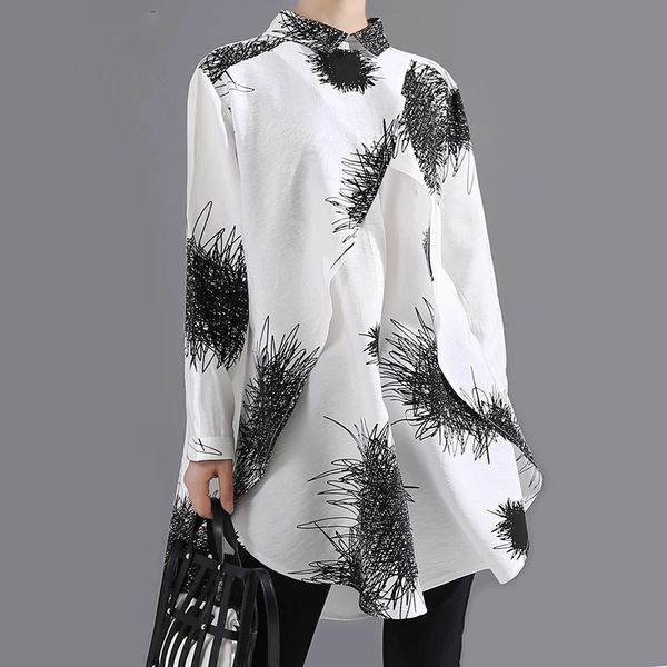 

women white pattern printed big size blouse new lapel long sleeve loose fit shirt fashion tide spring summer 2021