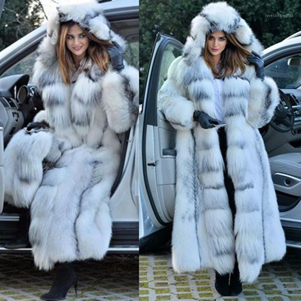 

women's fur & faux coat women winterf fashion warm x-long plus size coats solid hooded loose open stitch clothing lugentolo1, Black