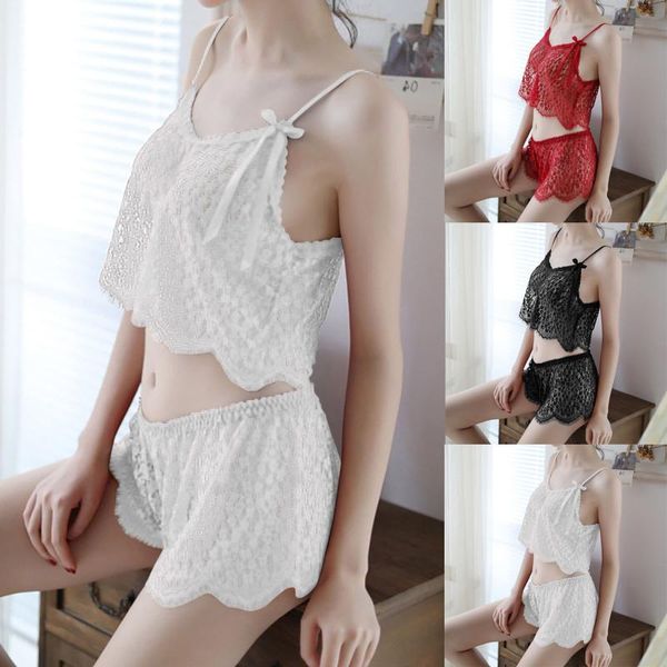 

gym clothing lace ladies pajamas polyester v-neck sweet bell transparent elastic sling satin shorts underwear mini set, White;black