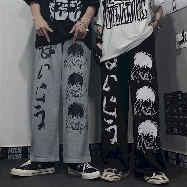 

high street cartoon men joggers wide leg pants sweatpants couple clothes vintage harajuku trousers straight casual plus size 201218, Black