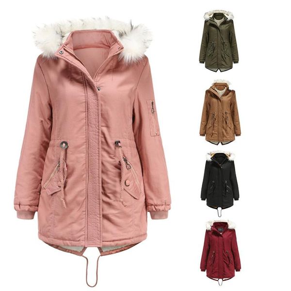 

women's down & parkas fashion -sale women fleece 2021 winter casual fur hooded zipper pockets thick coat, Black