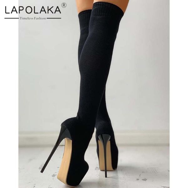 

boots lapolaka 2021 sm fetish pole dance woman shoes super high heels platform elastic band sock boot ladies, Black
