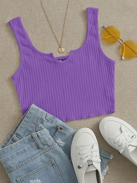 

notch neck lettuce edge rib-knit tank t8bi#, White