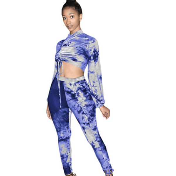 

ladies tie-dye 2pcs sets fashion trend long sleeve drawstring shirring pants suits designer female spring skinny casual tracksuits, Gray