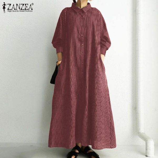 

casual dresses oversized women vintage striped long shirt dress zanzea 2021 autumn maxi vestidos kaftan lapel neck sleeve buttons sundress, Black;gray