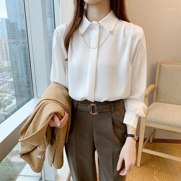 

white shirts office fashion women blouses 2020 spring autumn turn down collar chain lady blusa feminina style1