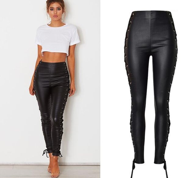 

european&american high-waisted stretch leather pants chic bandage pu pencil pants fashion women's slim fit trousers1, Black;white